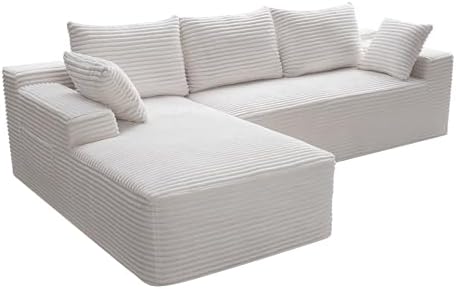 95" L-Shaped Left Facing Cloud Sectional Couch for Living Room, Modular Compressed Boneless Sectional Sofa Corduroy Boneless Corner Foam Sofa W/Chaise Lounge and Pillows