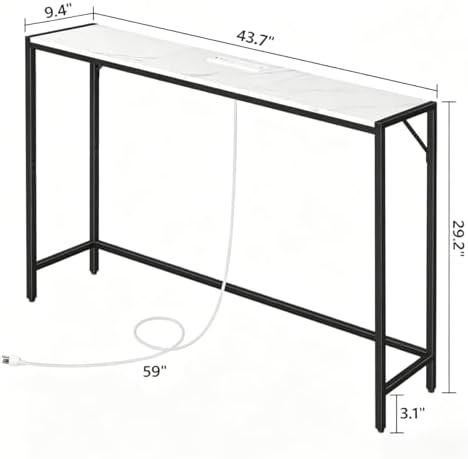 MAHANCRIS Console Table, Narrow Sofa Table Behind Couch, 43.7” Entrance Table with Power Station, Simple Style, for Living Room, Hallway, Entryway, Foyer, Marble and Black CTHM112E01