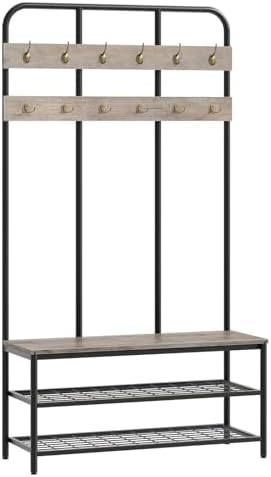 HOOBRO Hall Tree with Bench, Entryway Bench with Coat Rack, Mud Room Rack with 12 Double Hooks and Shoe Storage, Coat Tree, Shoe Organizer, for Foyer, Front Door, Greige and Black BG05MT01