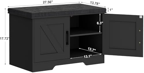 HOMSHO Farmhouse Shoe Storage Bench with 2 Barn Doors & Padded Seat Cushion