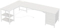 Huuger 63 Inch L Shaped Desk with Fabric Drawers, Reversible Computer Gaming Desk with Power Outlets and USB-C Port, Adjustable Side Storage Shelves, for Work Study Corner Home Office, White