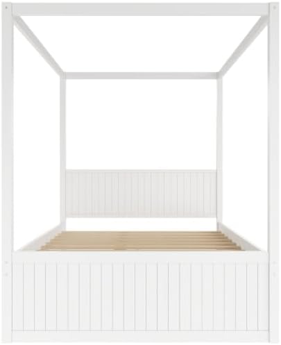 SANOFI Queen Size Wood Canopy Bed with Twin Size Trundle, White