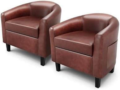 GarveeHome Accent Chairs Set of 2 Faux Leather Barrel Chair Club Armchair with Soft Seat for Living Room Bedroom Reading Waiting Room - Brown
