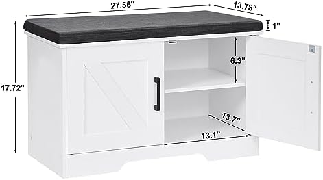 HOMSHO Farmhouse Shoe Storage Bench with 2 Barn Doors & Padded Seat Cushion