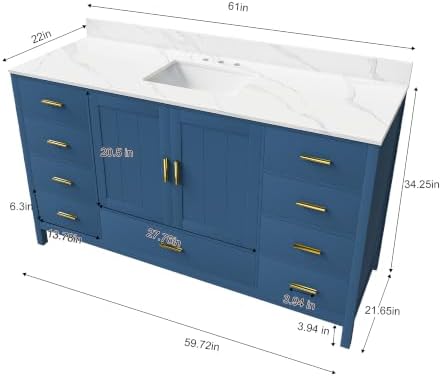 Montary 60" Bathroom Vanity with Sink & 61" Carrara Quartz Top | with 3 Pre-Drilled Faucet Holes, Solid Wood Cabinet, Soft-Close Double Doors & 9 Smooth-Glide Drawers,Blue