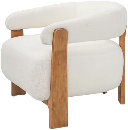 Merax 28.7'' Mid-Century Modern Boucle Accent Chair with Solid Wood Frame, Curved Arm Barrel Chair Upholstered Boucle Fabric Lounge Chair for Living Room, Bedroom & Office, Off-White + Natural