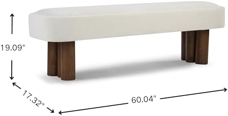 Christopher Knight Home Damas 60.04" Fabric Upholstered Dining Bench, Wooden Entryway Bench, Long Sofa Footstool for Living Room, Bedroom End of Bed Bench, Milky White+Walnut