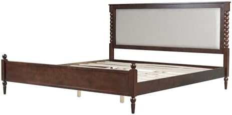 Merax King Size Solid Wood Platform Bed Frame, Upholstered Headboard & Classic Spindle & with Fabric Panel, No Box Spring Needed, 500 lbs Capacity Timeless Traditional for Bedroom, Brown