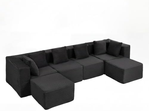 130-Inch Oversized U-Shaped 6 PCS Modular Cloud Couch Boneless Corner Sectional Couch W/Ottomans, Compression Boneless Corner Sofa Plush Corduroy Sectional Sofa for Living Room