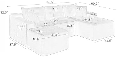 95-Inch U-Shaped Right Facing Corner Compressed Sofa Modular Sectional Boneless Cloud Sofa Floor Foam Couch W/Chaise Lounge & Ottoman, Corduroy Corner Boneless Cloud Couch