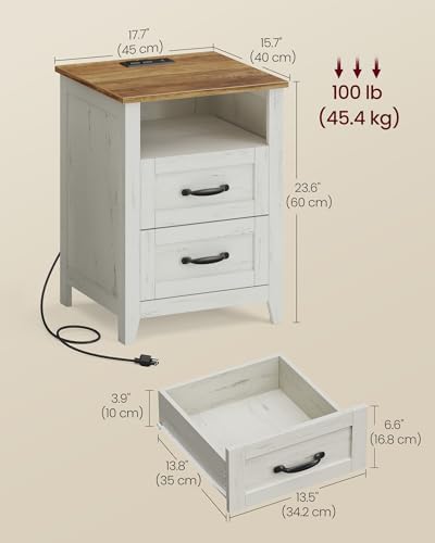 VASAGLE Farmhouse Nightstand with Charging Station, 2 Drawers