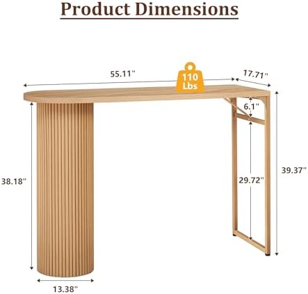 55" Long Bar Table, Fluted Wood Counter Height Pub Table, High Top Kitchen Breakfast Bar Tables with Sturdy Metal Frame, Modern Bar Height Dining Table for Bistro, Dining Room, Living Room