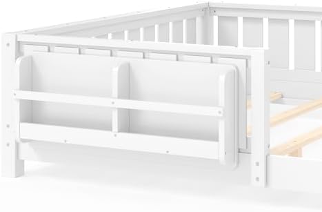 Queen Size Montessori Floor Bed with Bookshelf, Guardrail and Slats, White