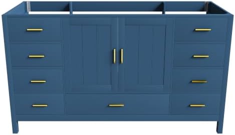 Montary 60" Modern Bathroom Vanity Base Cabinet, Solid Wood Construction | Soft-Close Double Doors & 9 Full-Extension Drawers(Basin & Top Not Included),Blue