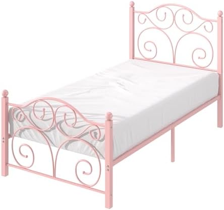 VECELO Twin Size Bed Frame with Headboard and Footboard, Heavy Duty Metal Slat Support, Platform Mattress Foundation, No Box Spring Needed, Easy Assembly, Light Pink