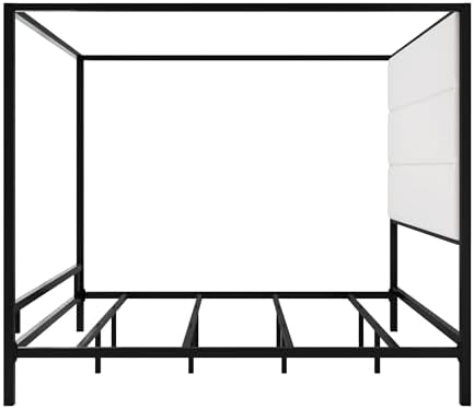 LUMISOL King Size Canopy Bed Frame with Tall Upholstered Headboard, Four Poster Metal Platform Bed with Velvet Headboard, Modern Luxury Canopy Bed, Box Spring Needed, Black + White