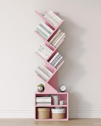 SUNMORY 6 Tier Tree Bookshelf, Tall Small Bookcase with Storage Cabinet