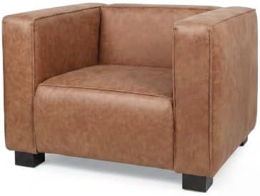 Christopher Knight Home Goyette PU Leather Upholstered Accent Chair, Modern Club Chair, Bold Boxy Silhouette Armchair, Single Sofa with Block-Leg Base, Living Room Lounge Chair Indoor, Cognac Brown