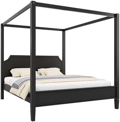 King Size Wood Canopy Bed Frame, Black Vintage Four-Posters Platform Bed Frames with Headboard, 10-Slat Support Wooden Post Beds, 8" Under Bed Storage, Easy Assembly (Black, King, 77" H)