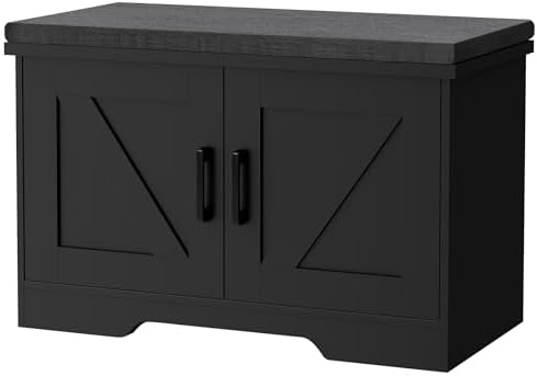 HOMSHO Farmhouse Shoe Storage Bench with 2 Barn Doors & Padded Seat Cushion