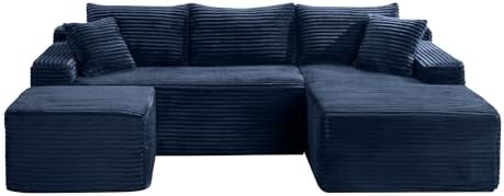 95-Inch U-Shaped Right Facing Corner Compressed Sofa Modular Sectional Boneless Cloud Sofa Floor Foam Couch W/Chaise Lounge & Ottoman, Corduroy Corner Boneless Cloud Couch