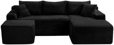 106-Inch Oversized U-Shaped Right Facing Corner Compressed Sofa Modular Boneless Cloud Sectional Sofa Floor Foam Couch W/Chaise & Ottoman, Corduroy Corner Boneless Cloud Couch