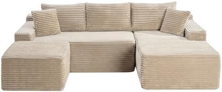 95-Inch U-Shaped Right Facing Corner Compressed Sofa Modular Sectional Boneless Cloud Sofa Floor Foam Couch W/Chaise Lounge & Ottoman, Corduroy Corner Boneless Cloud Couch
