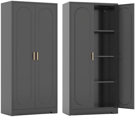 Steeloong 60"Metal Pantry Storage Cabinet with Doors & 3 Adjustable Shelves | Kitchen Pantry Cabinet,Black Kitchen Cabinet with 2 Gold Handles,Tall Cabinet for Livingroom,Pantry, Bathroom,Kitchen