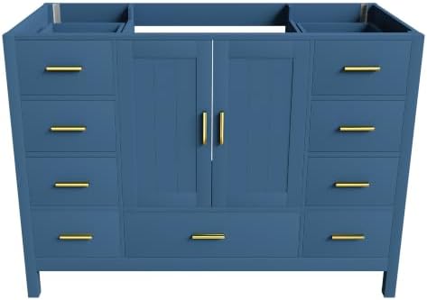 Montary 48" Modern Bathroom Vanity Base Cabinet, Solid Wood Construction, | Soft-Close Double Doors & 9 Full-Extension Drawers(Basin & Top Not Included),Blue