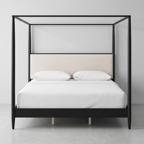Merax King 4-Poster Wood Canopy Bed with Boucle Headboard, Black