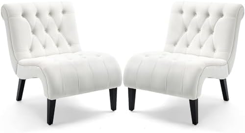 AVAWING Armless Velvet Tufted Accent Chairs with Wood Legs Set of 2, Beige