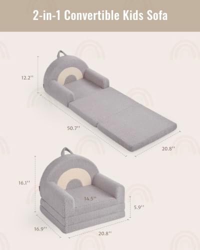 Blissful Diary Foldable Kids Couch, 2-in-1 Kids Sofa Chair, Gray Rainbow