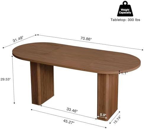 70.8 Inch Oval Dining Table for 4-6 People, Kitchen Table with Wood Strip Base, Modern Farmhouse Round Dining Room Tables for Kitchen Living Room (Walnut)