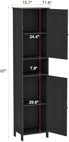 Homleke Tall Bathroom Storage Cabinet with 2 Doors, Slim Bathroom Cabinet | Narrow Storage Cabinet with Adjustable Shelves, Reversible Door, Easy Assembly, for Bathroom, Living Room, Black, 15.7''W