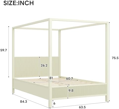 Queen Size Wood Canopy Bed Frame, Beige Vintage Four-Posters Platform Bed Frames with Headboard, 10-Slat Support Wooden Post Beds, 6" Under Bed Storage, Easy Assembly (Beige, Queen, 75.5"H)