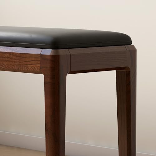 47.2'' Leather Upholstered Dining Bench with 100% Solid Oak Wood Bench Frame, 13.8'' Widened Padded Bed End Bench Ottoman for Kitchen Living Room Bedroom Entryway, Black