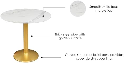 30 Inch Round Dining Table, Modern Tulip Bistro Table with White Faux Marble Top and Weighted Gold Pedestal Base, Small Kitchen Table for 2-4 People, Mid Century Style for Dining Room, Cafe, Office