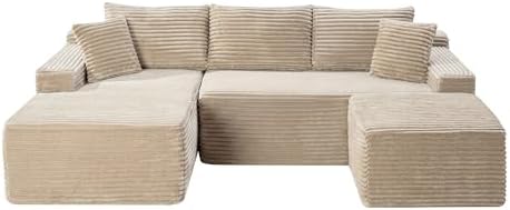 95-Inch U-Shaped Left Facing Corner Compressed Sofa Modular Sectional Boneless Cloud Sofa Floor Foam Couch W/Chaise Lounge & Ottoman, Corduroy Corner Boneless Cloud Couch