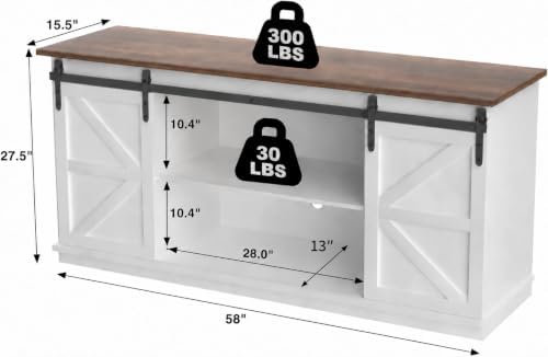 JUMMICO TV Stand for 65 Inch TV, Sliding Barn Doors, Bright White