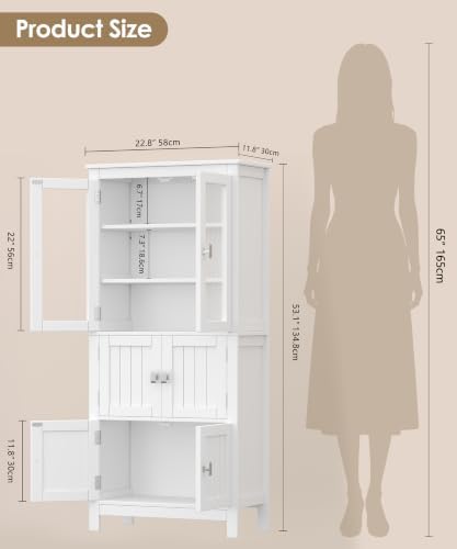 Akxomel 53.1" Tall Bathroom Cabinet 6 Doors Linen Floor Storage Cabinet | Bathroom Floor Cabinet with Adjustable Shelf, Pantry Cabinet for Living Room, Kitchen, Entryway, White