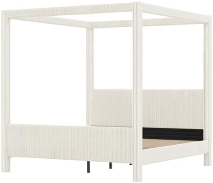 Queen Size Canopy Bed with Upholstered Headboard & Footboard, Beige