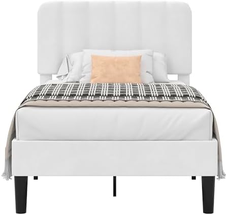 VECELO Twin Size Bed Frame with Upholstered Headboard, Velvet Platform Bedframe Mattress Foundation, Strong Wood Slat Support, No Box Spring Needed,White