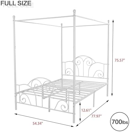 Full Size Four-Poster Metal Canopy Bed Frame,White