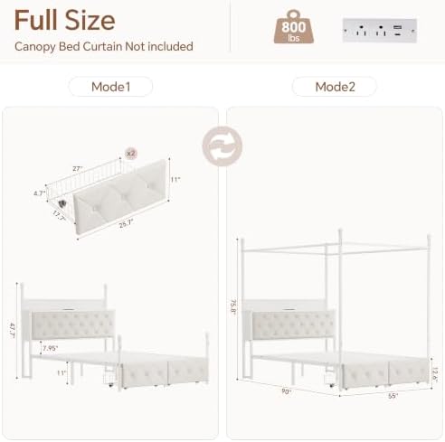 Full Size Canopy Bed Frame with Charging Station and LED Lights