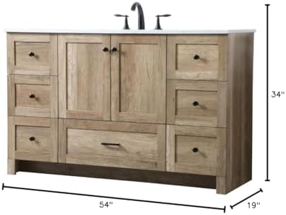 54" Pre-Assembled Bathroom Vanity with Sink, Engineered Wood, Ivory White Engineered Marble Countertop Attached, Single Rectangle Porcelain Sink, 7 Soft-Close Drawers, Natural Oak