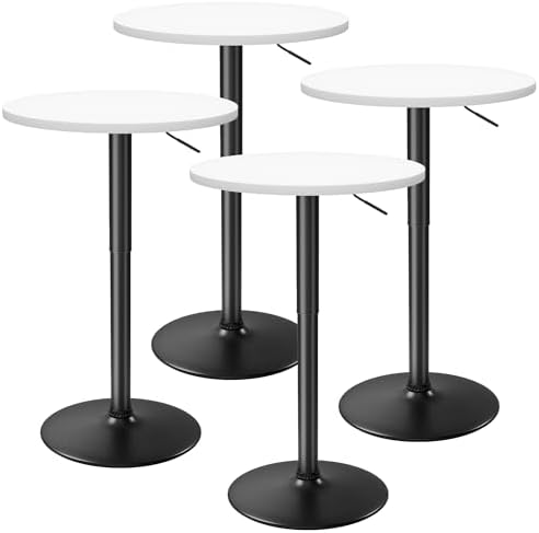 Flamaker Round Bistro Pub Table 23.6 Inch Height Adjustable 360° Swivel Bar Table Metal Base for Pub, Dining Room, Party (4, White-Black)