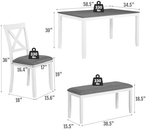 Zevemomo 6-Piece Solid Wood Dining Table Set, Wooden Legs Dinner Set, White