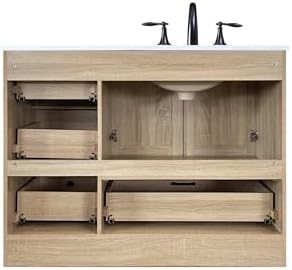 42" Pre-Assembled Bathroom Vanity with Sink, MDF Engineered Wood, Ivory White Engineered Marble Countertop Attached, Single Rectangle Porcelain Sink, 4 Soft-Close Drawers, Mango Wood