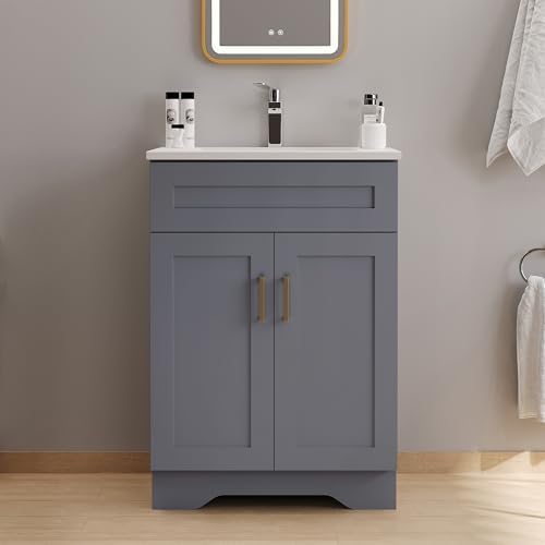 24 Inch Bathroom Vanity with Sink, Bathroom Storage Vanity Cabinet for Small Space, Bathroom Vanity with 2 Doors, Modern Freestanding Vanity Sink (Grey)