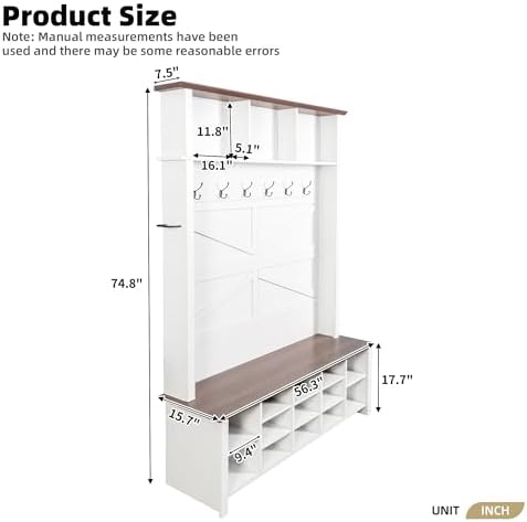 Merax Farmhouse Wood Hall Tree with 6 Hooks and Entryway Shoe Bench, 4-in-1 Coat Rack with 16 Open Compartments & Adjustable Shelves, for Entrance, Hallway, Mudroom, White